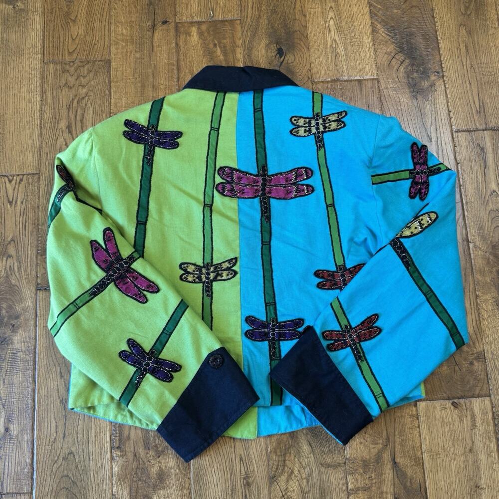 VTG Anage Blazer Jacket Women Sz XL Embroidered Dragonflies Vibrant Colorblocked - Picture 5 of 5